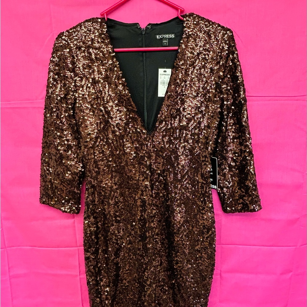 Express Brown Sequin Bodycon Mini Dress with V-Neck and Cuffed Sleeves